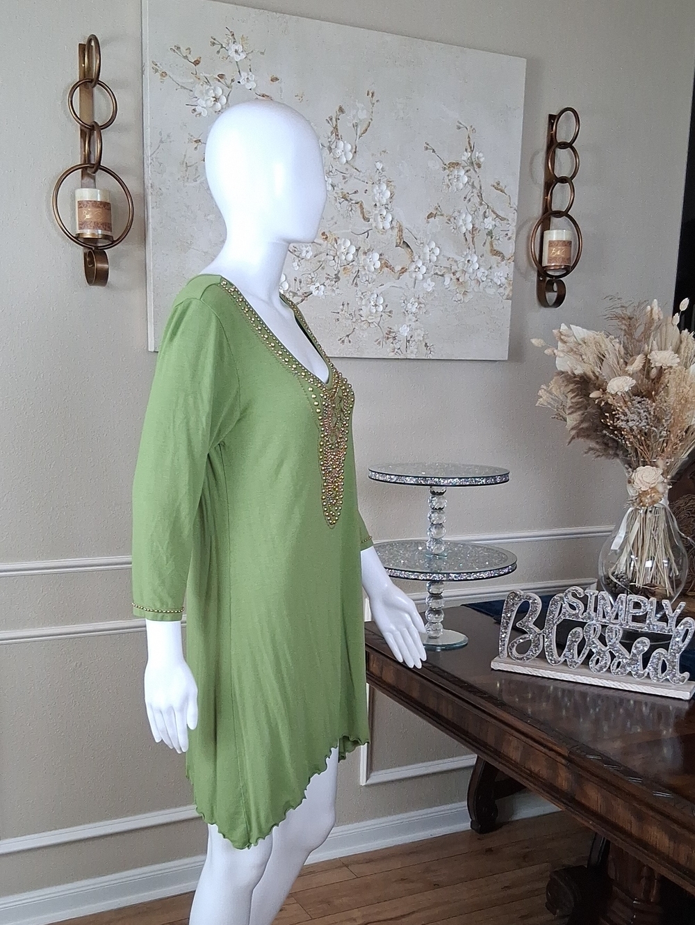 Women's Embellished Beaded Scoop Neck Tunic Summer Dress Olive Green Gold Medium - Picture 11 of 16